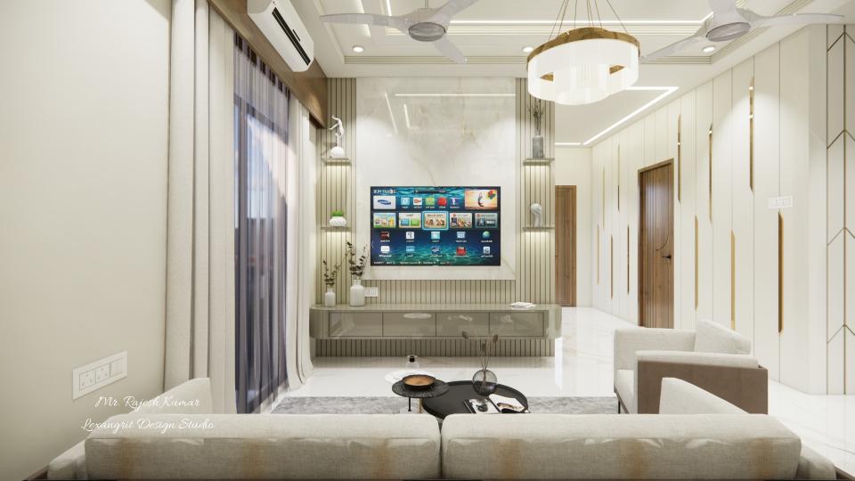 Living sleek tv unit and comfortable seating area