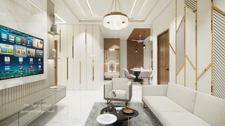 Living sleek TV unit off dining area