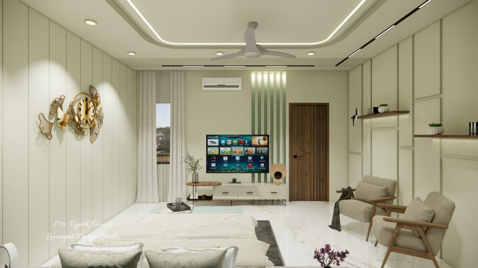 Master Bedroom showcasing luxurious bed, comfortable seating area and sleek tv unit and  some open shelf