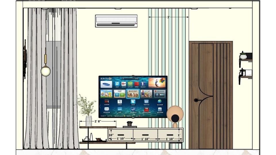 Master Bedroom sleek tv unit and decorative wall design  2d dimensions