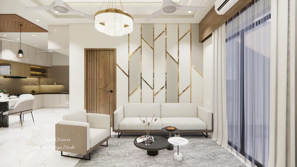 Living room sofa back side wall design featuring an HDHMR CNC-cut panel with duco finish and elegant golden strips, a refined interior sofa back wall design paired with a 1+2 sofa set and 3-piece coffee table, blending into the cohesive drawing room back wall design.
