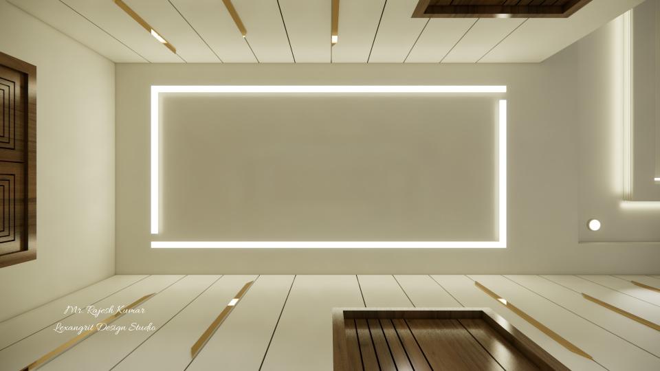 Modern passage wall with a rectangular profile light frame and a panelled ceiling with brass inlay strips