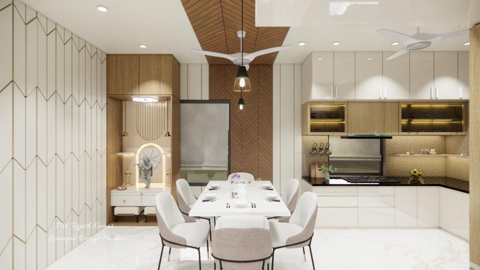 Showcasing puja area , dining area, and kitchen area