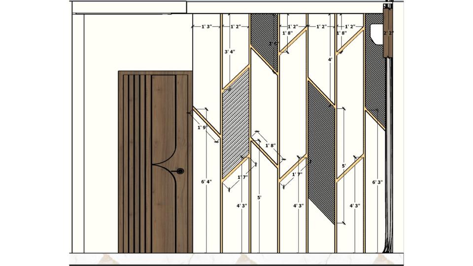 sofa back wall panel 2d measurement drawing showing hall sofa back wall design layout with cnc panel dimensions, golden strip placement and wall panelling details for living room interior execution