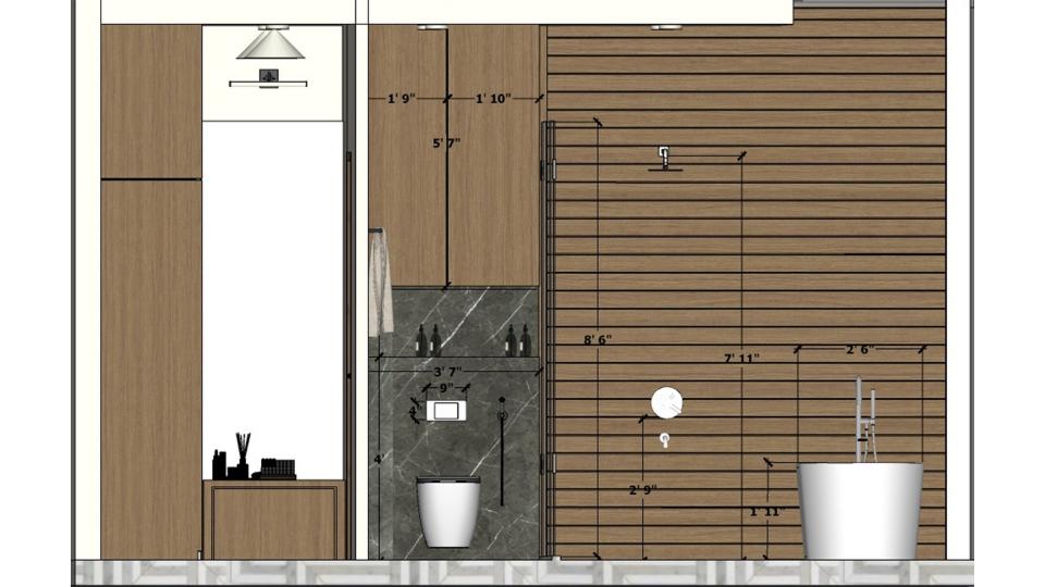 Washroom front view from wc area , shower area and bathtub area 2d dimensions