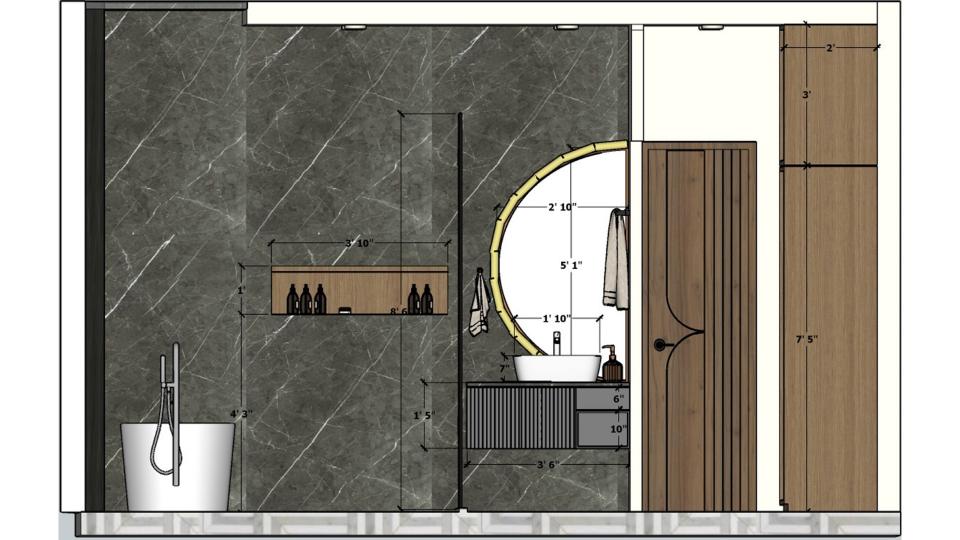 Modern toilet niche detail with washroom dimensions, bathtub, grey hanging vanity and half-moon mirror.
