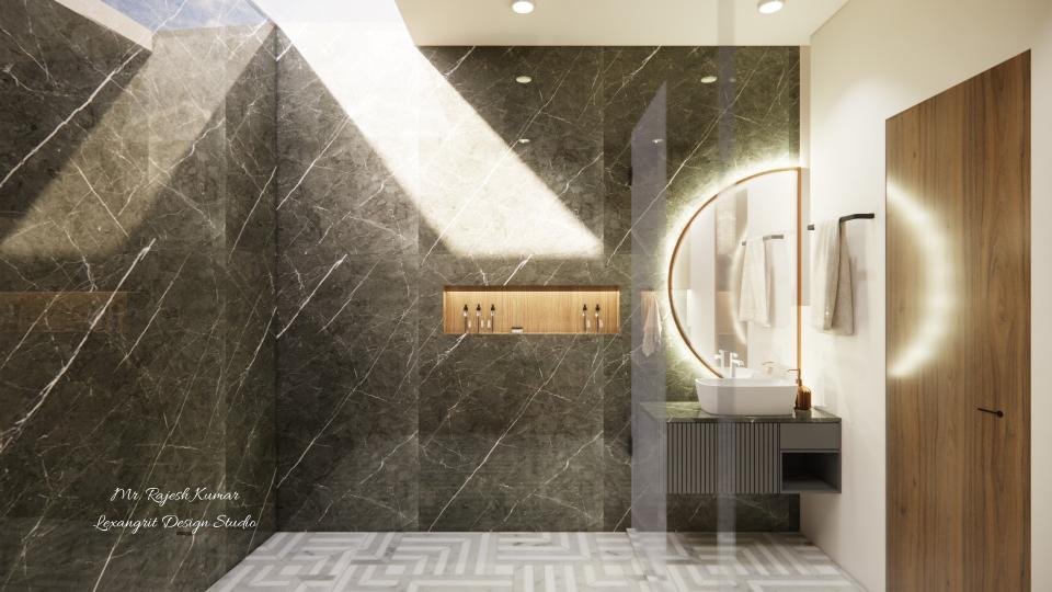 Washroom vanity unit and half-moon shape mirror