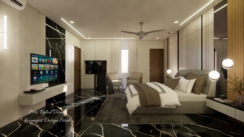 Bedroom showcasing a stylish dresser with a large mirror and decorative items against a soft-colored wall