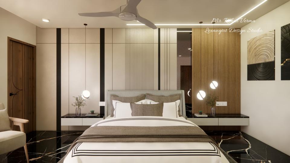 Bedroom showcasing luxury bed and decorative head board wall