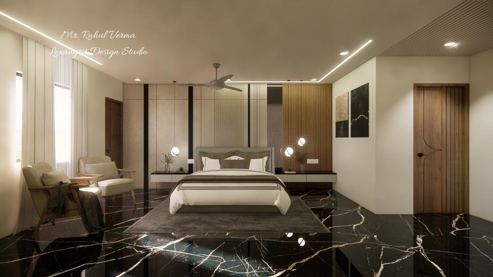 Bedroom showing luxury bed and decorative head board wall and setting area