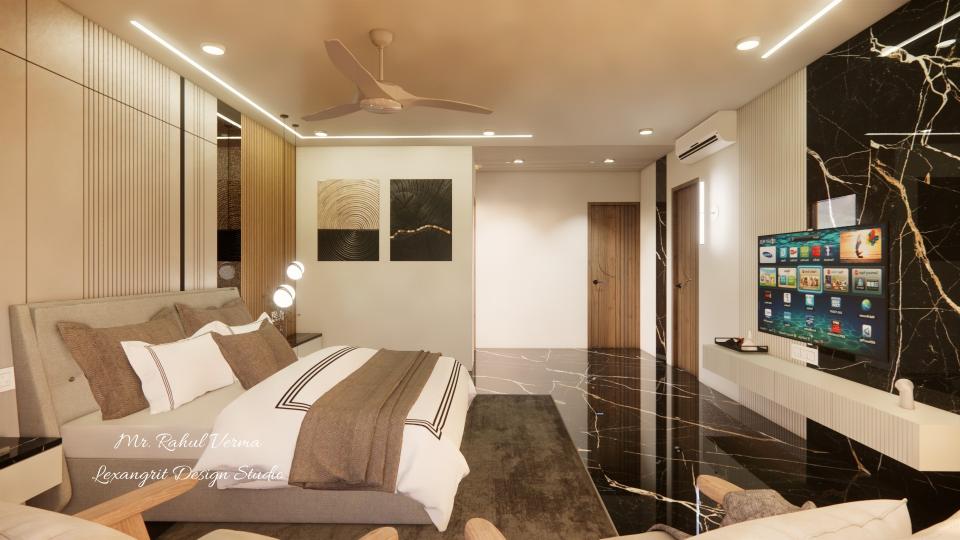 Bedroom showroom luxury bed and sleek tv unit