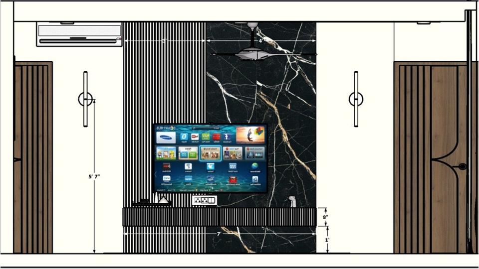 Bedroom sleek tv unit and decorative back wall  2d dimensions