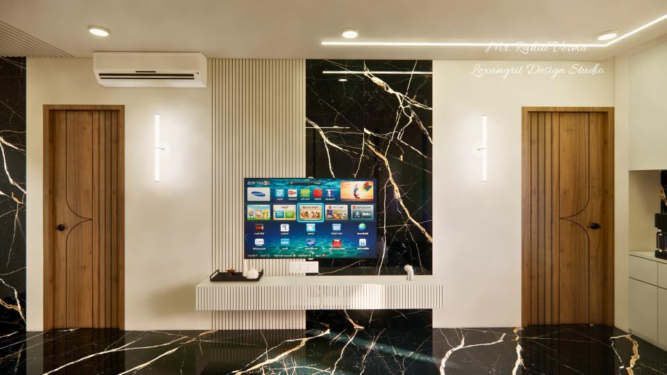 Bedroom sleek tv unit and decorative back wall