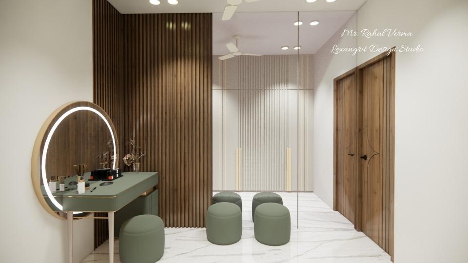 dressing unit design using UMT green laminate and light inside round mirror for a bedroom, side wall is aesthetically designed using wooden WPC louvers and full height mirror