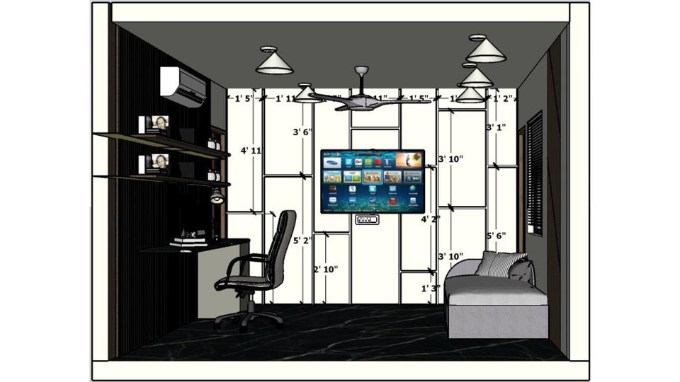 Office room showing work station and decorative wall design  2d dimensions