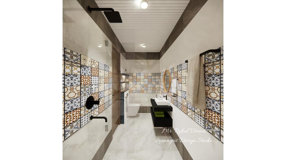 Luxury toilet with hanging wc, hanging sink unit with a white sink, a shower area and glass separatot, walls are contunious moroccan tiles in the middle