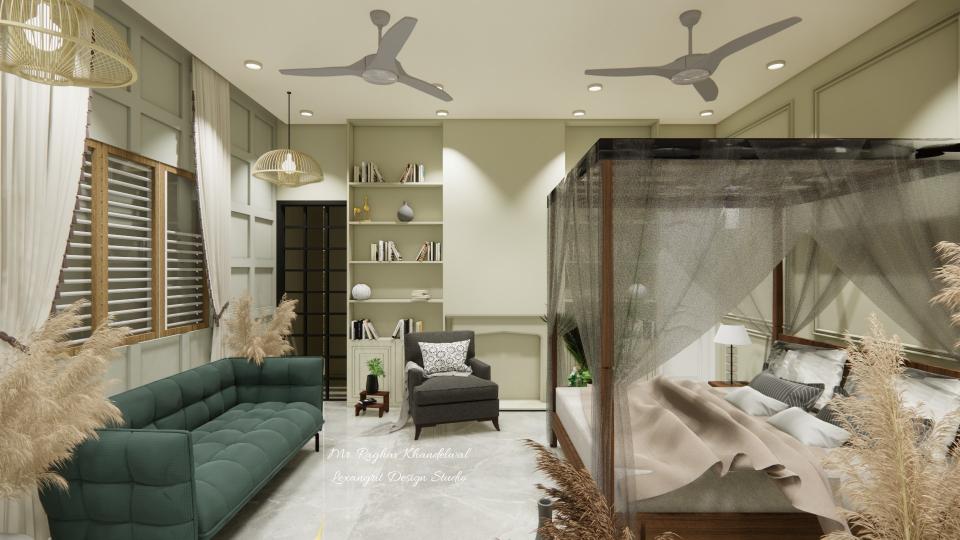 Studio showing bes, seating and so,e storage unit