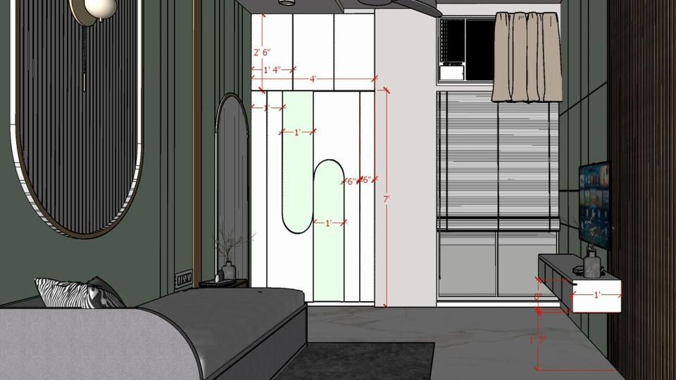 Image of the guest bedroom highlighting a built-in wardrobe and sleek tv unit  with louvers wall 2d dimensions