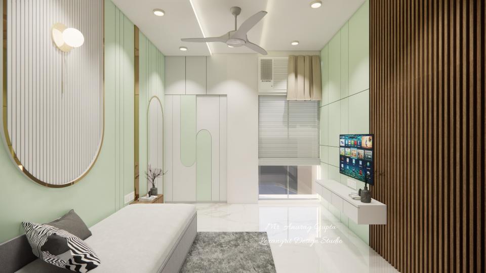 Image of the guest bedroom highlighting a built-in wardrobe and sleek tv unit  with louvers wall