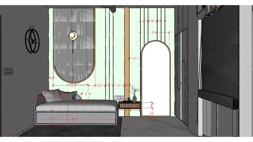Image of the guest bedroom highlighting a built-in wardrobe with mirrored doors and ample storage 2d dimensions