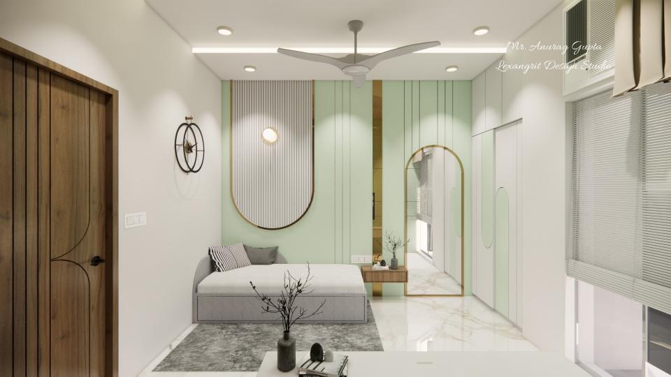 Image of the guest bedroom highlighting a built-in wardrobe with mirrored doors and ample storage