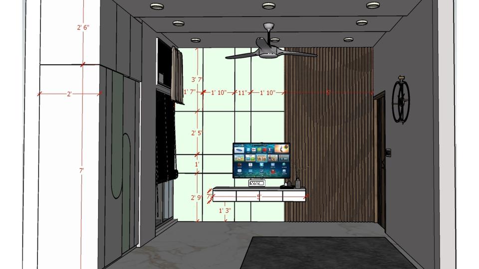 Image of the guest bedroom showcasing a sleek tv unit against a louvers wall 2d dimensions