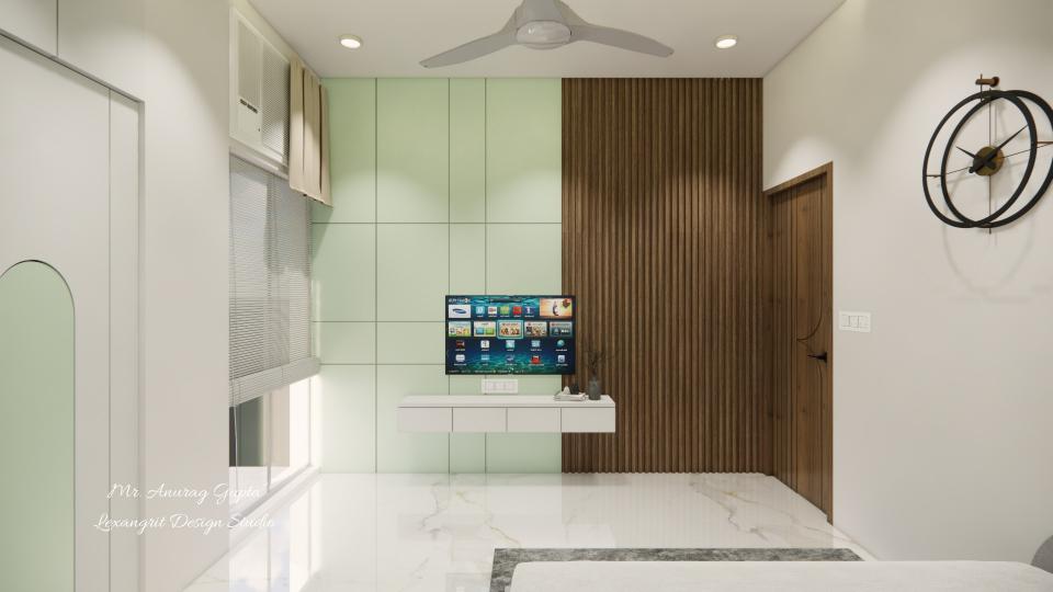 Image of the guest bedroom showcasing a sleek tv unit against a louvers wall