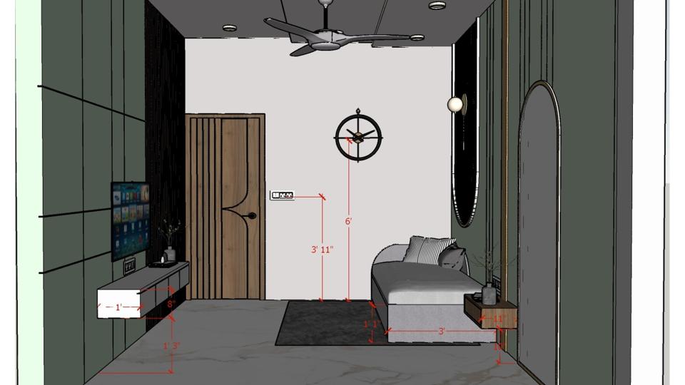 Image of the guest bedroom showcasing a sleek tv unit against a pastel-toned wall 2d dimensions