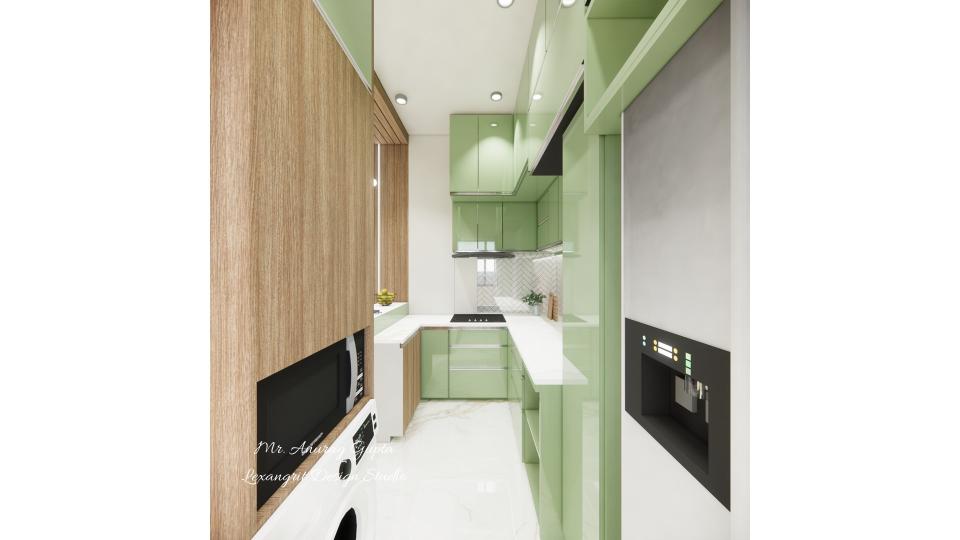 Image of the kitchen featuring modern cabinets, a sleek countertop, and built-in appliances against a tiled backsplash wall