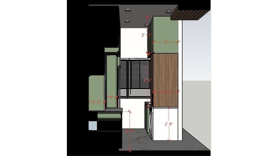 Image of the kitchen showcasing a spacious pantry area with open shelving and storage units against a clean, bright wall 2d  dimensions