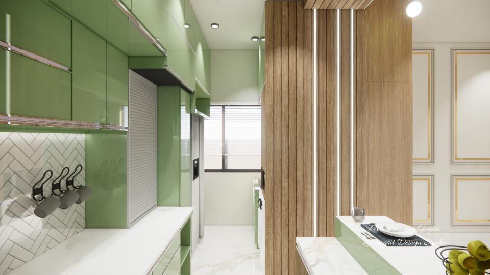 Image of the kitchen showcasing a spacious pantry area with open shelving and storage units against a clean, bright wall
