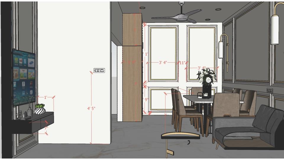 Image of the living room featuring a modern entertainment center with a flat-screen TV and built-in shelves against a sleek accent wall 2d dimensions