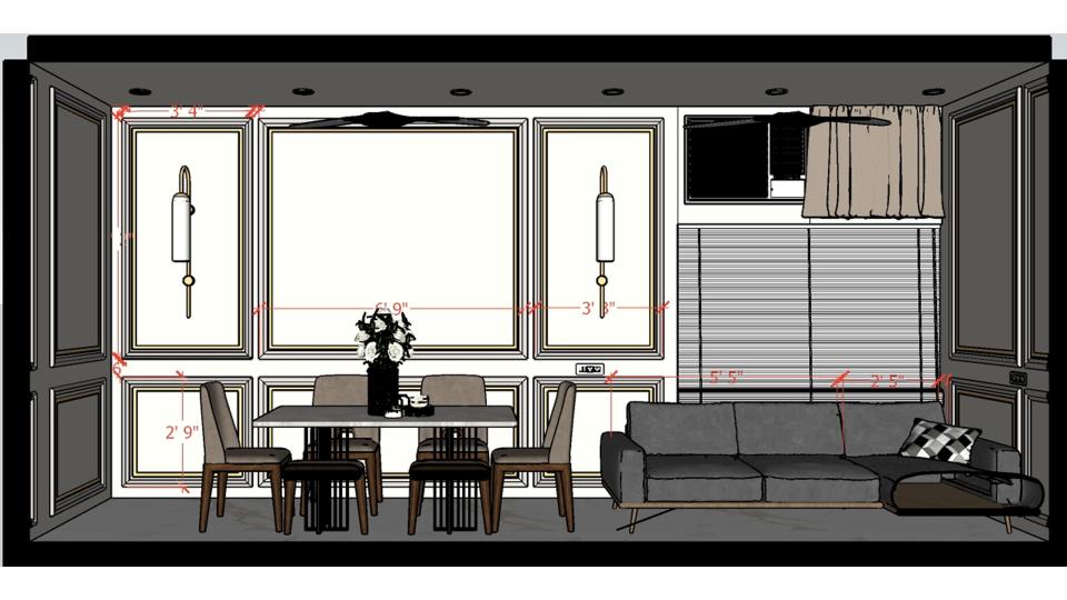 Image of the living room highlighting a spacious dining area with a contemporary dining table, chairs, and an elegant center table against a decorated wall 2d dimensions