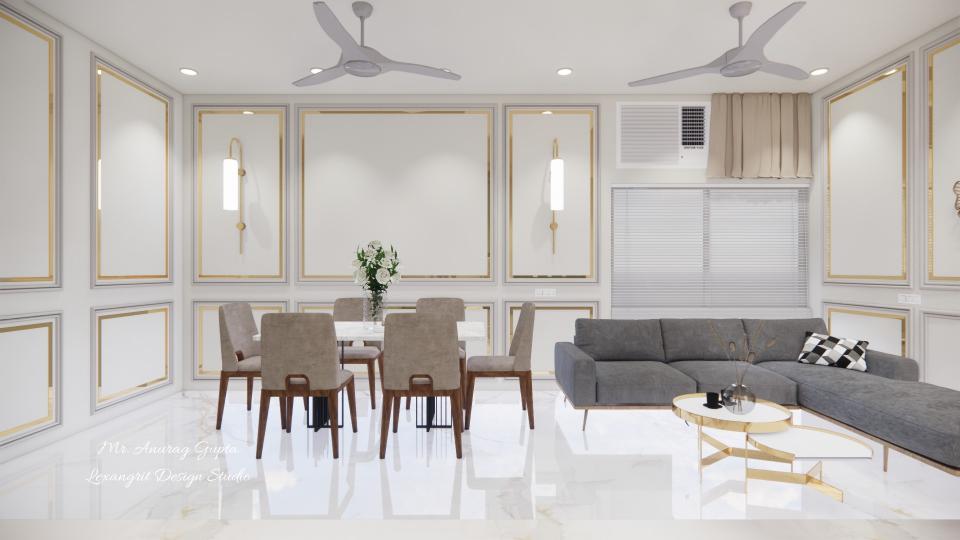 Image of the living room highlighting a spacious dining area with a contemporary dining table, chairs, and an elegant center table against a decorated wall