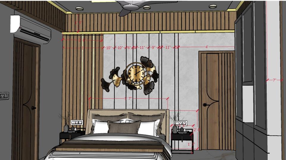 Image of the master bedroom featuring a luxurious bed with a tufted headboard, bedside tables, and wardrobe against an accent wall 2d dimensions
