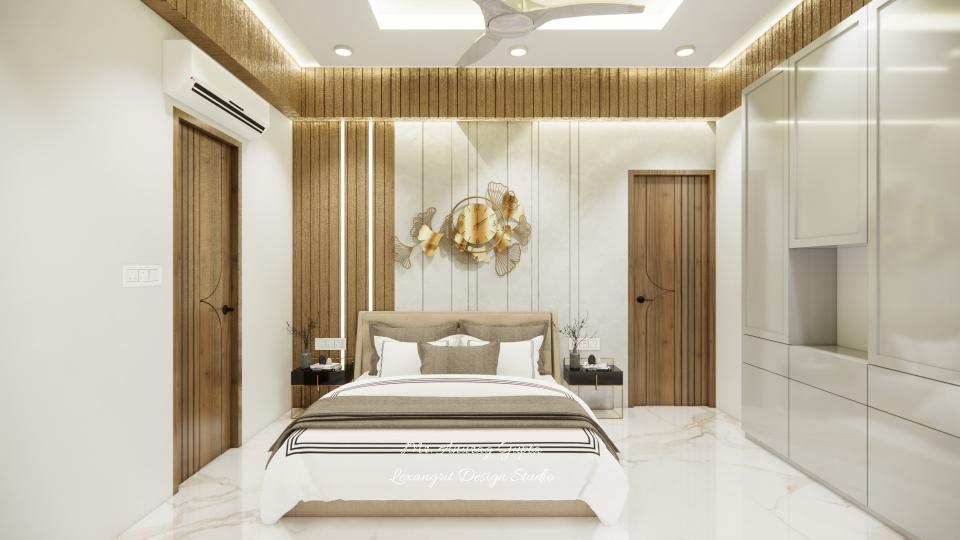 Image of the master bedroom featuring a luxurious bed with a tufted headboard, bedside tables, and wardrobe against an accent wall