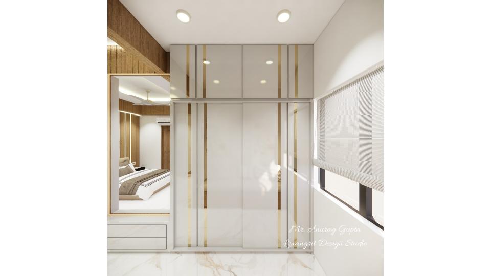 Image of the master bedroom highlighting a spacious wardrobe with sliding doors and a full-length mirror
