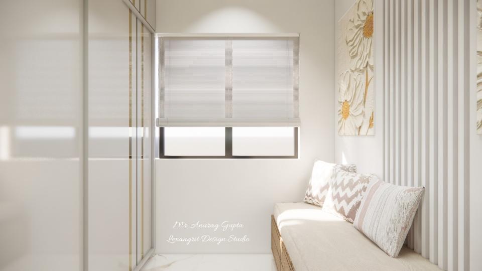 Image of the master bedroom highlighting a spacious wardrobe with sliding doors and seating area