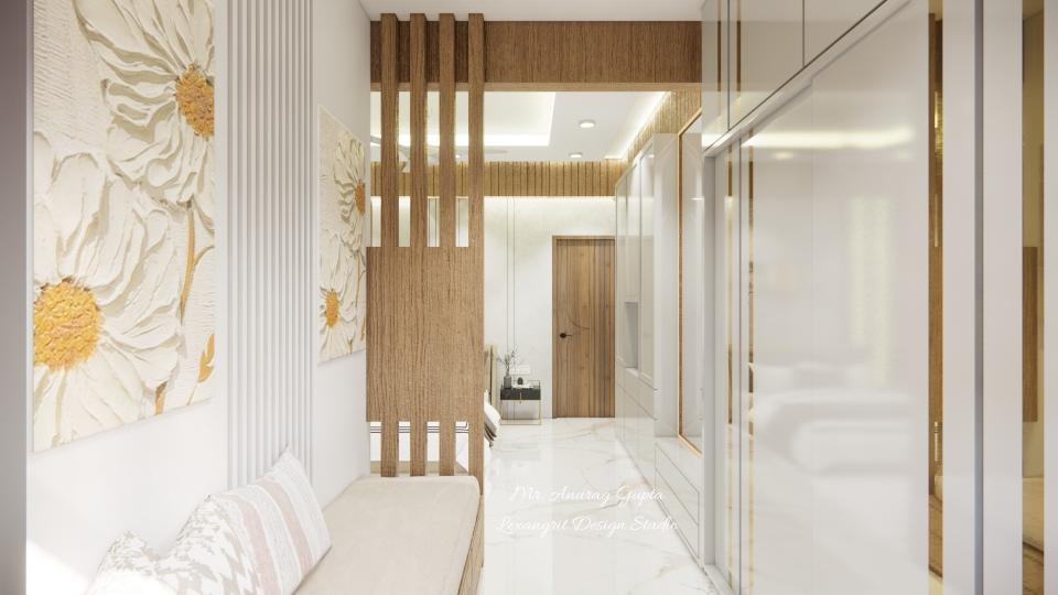 Image of the master bedroom highlighting a spacious wardrobe with sliding doors and seating area