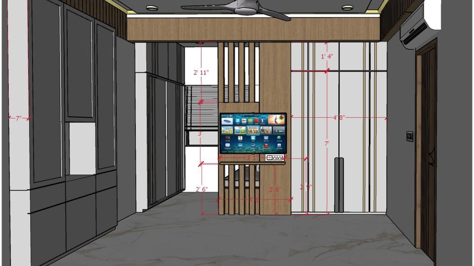 Image of the master bedroom highlighting a spacious wardrobe with wooden partition  and a full-length mirror 2d dimensions