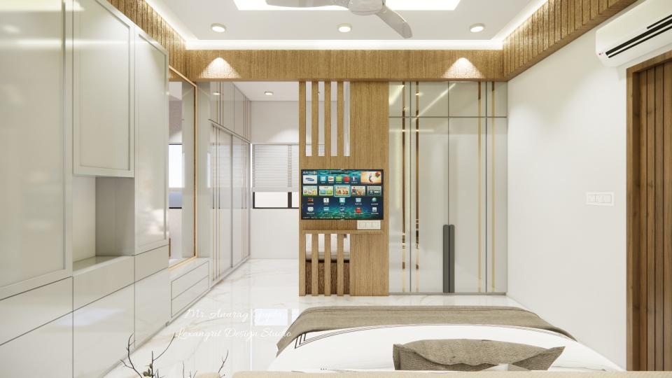Image of the master bedroom highlighting a spacious wardrobe with wooden partition  and a full-length mirror