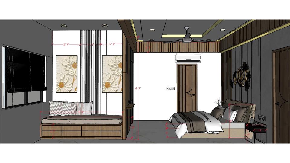 Image of the master bedroom highlighting a spacious wardrobe with wooden partition & seating area 2d dimensions