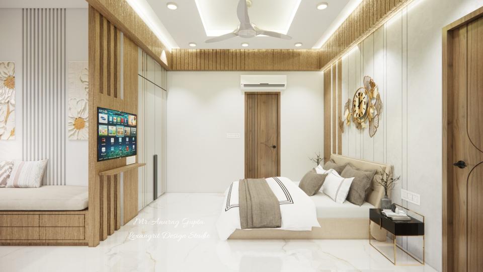 Image of the master bedroom highlighting a spacious wardrobe with wooden partition & seating area