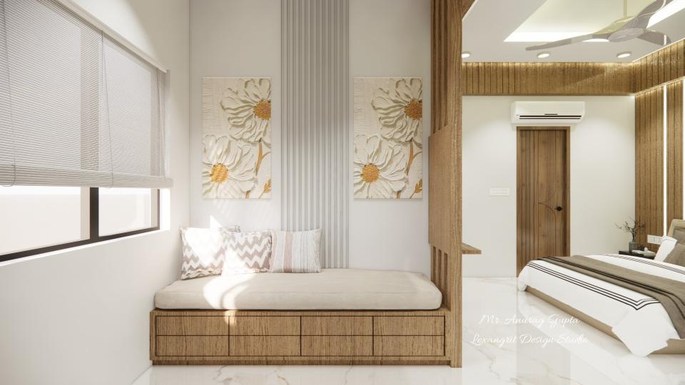 Image of the master bedroom highlighting decorative wall and seating area