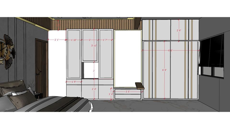 Image of the master bedroom showcasing a stylish dresser with a large mirror and decorative items against a soft-colored wall 2d dimensions