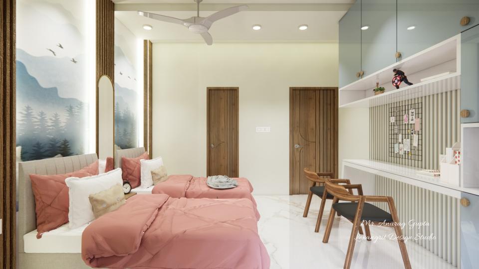 Kids bed room displaying a stylish bookcase filled with books and decorative items against a neutral-toned wall