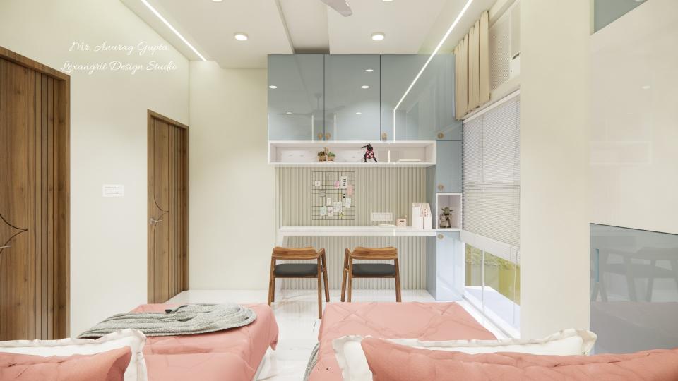 Kids bed room displaying a stylish bookcase filled with books and decorative items against a neutral-toned wall