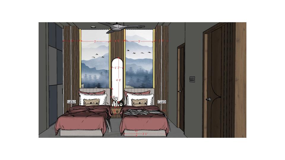 Kids bed room entrance view with two bed & highlights head board wall  2d dimensions