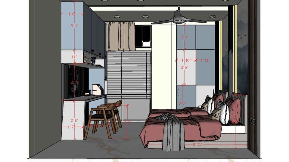 Kid's room showcasing two bed & study table ,book storage & wardrobe 2d dimensions