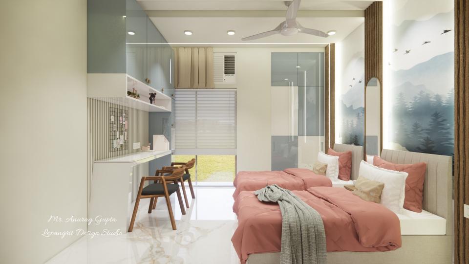 Kid's room showcasing two bed & study table ,book storage & wardrobe